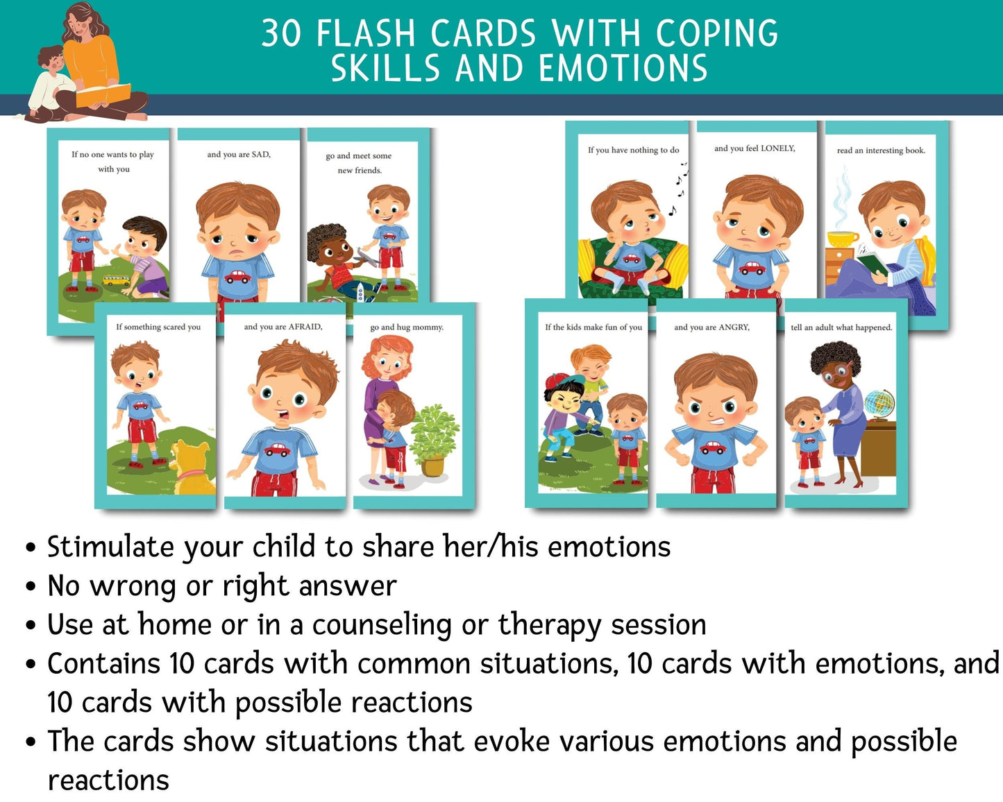 Emotions Bundle, Coping Skills Flash Cards, Feelings Wheel Chart With Coping Skills, Emotional Intelligence. Mental Health Behaviour